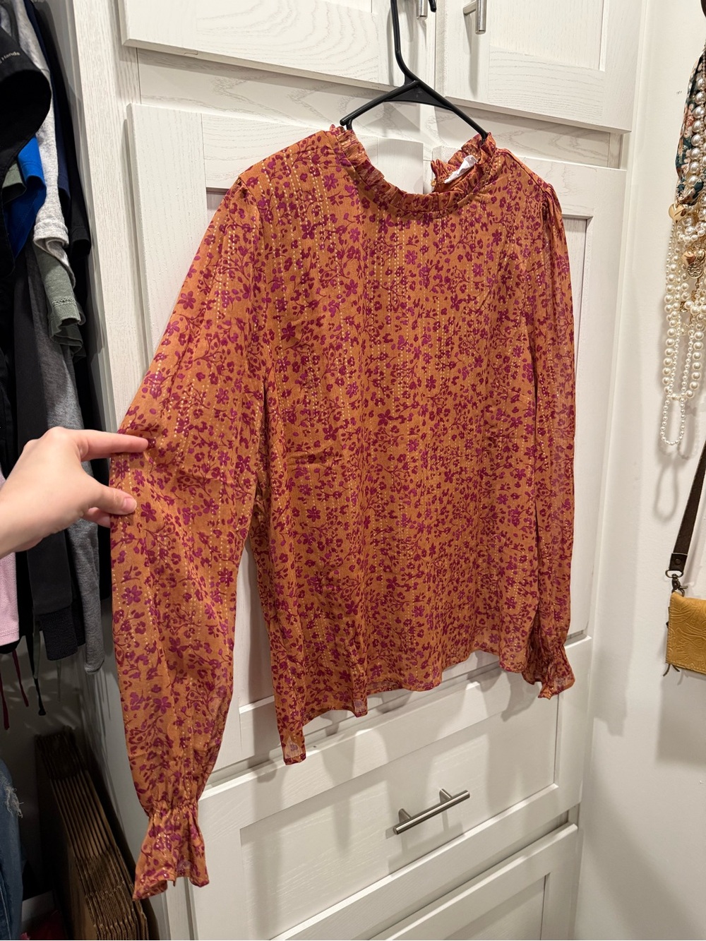 Ruffled Neck Long-Sleeve Floral Blouse